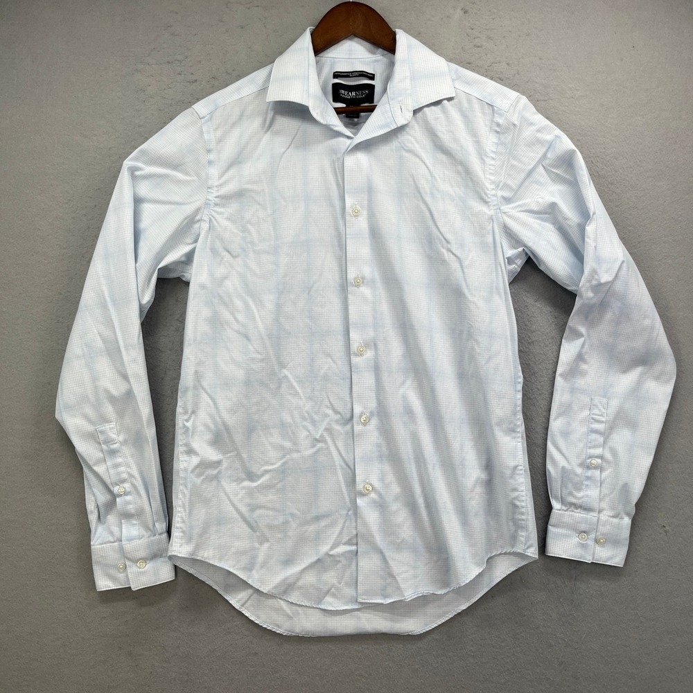 Awearness Kenneth Cole Dress Shirt Mens 15.5 34/35 Blue Grid Performance Stretch
